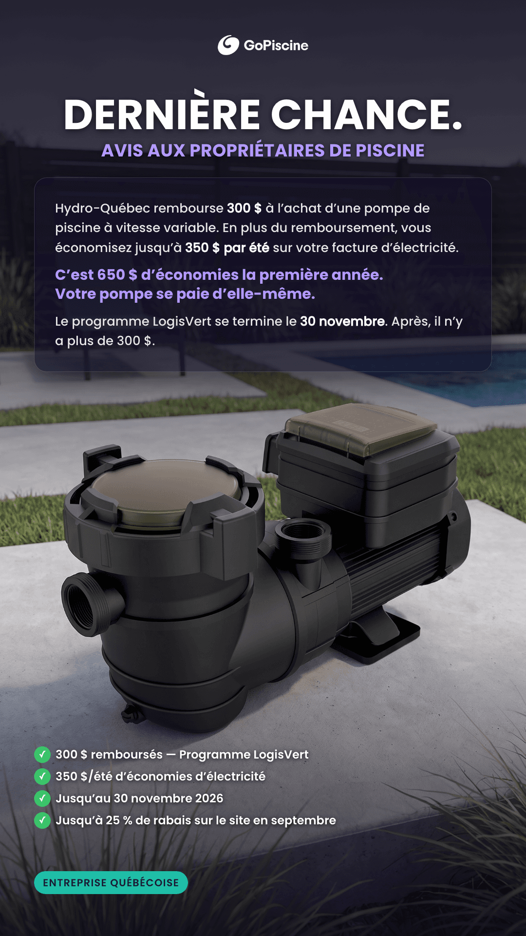 Création publicitaire — GoPiscine, dernière chance, avis aux propriétaires de piscine
